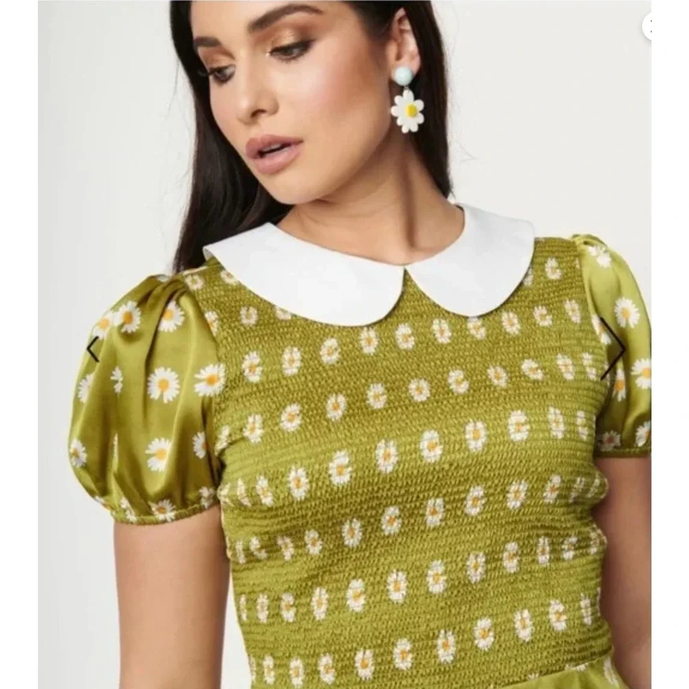 Smak Parlour Womens Green Floral Smocked Short Sleeve Flare Dress Size Medium